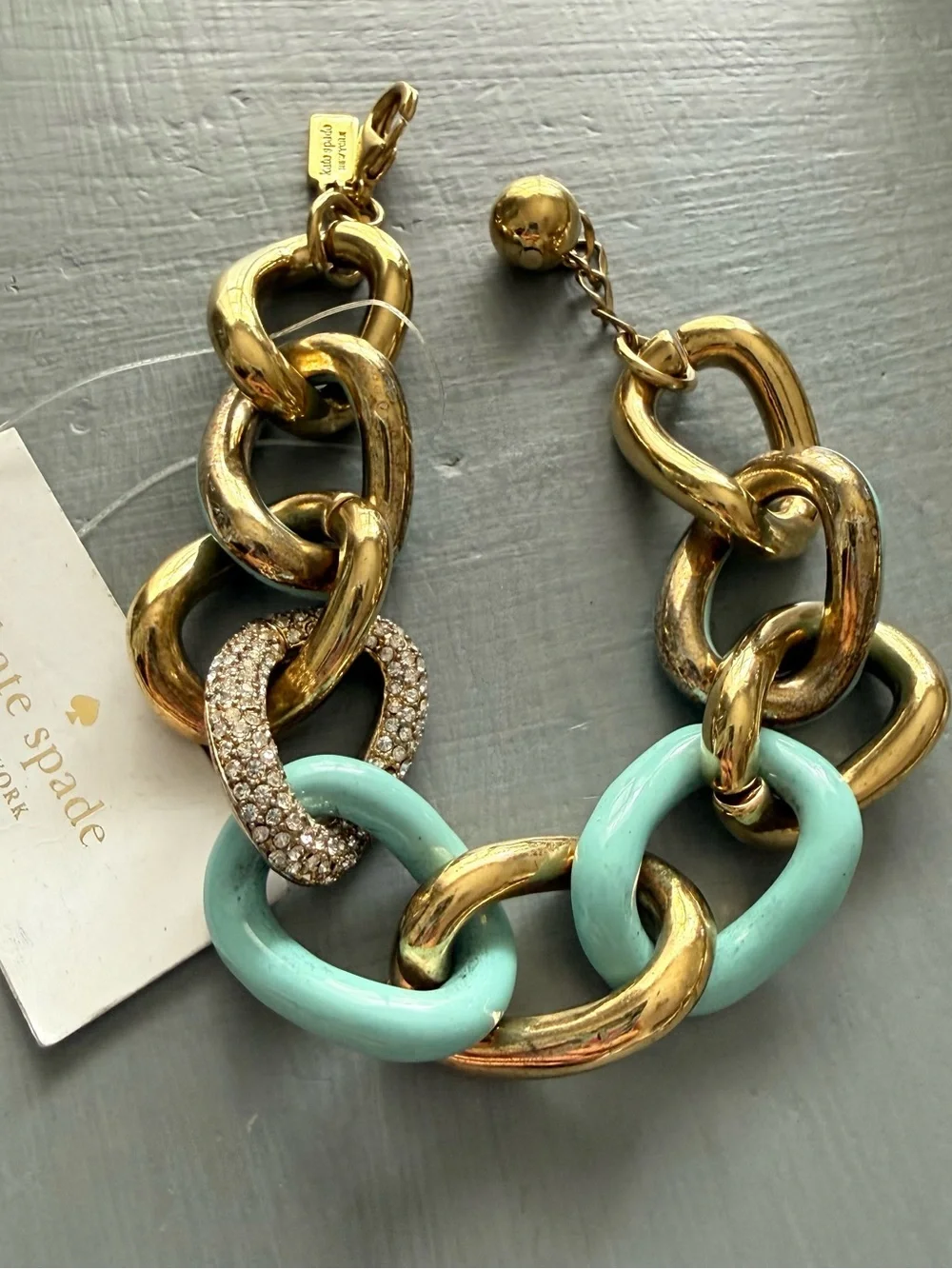 Kate Spade Gold Aqua Chunky Chain Link Bracelet NEW